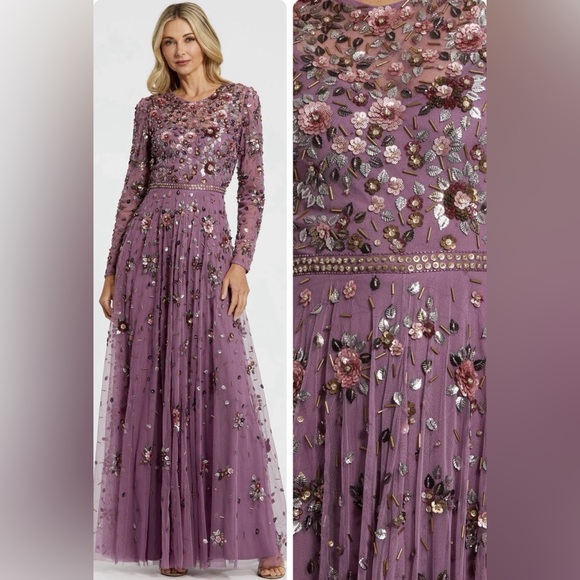 MAC DUGGAL 14 Purple Long Sleeve High Neck Beaded Gown A-Line Floral 10063 NWT - Picture 1 of 16